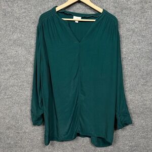 J.Jill Plus Size 2X Tunic Blouse Green Rayon Smocked Shoulder V Neck Long Sleeve